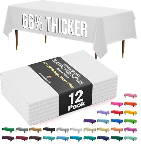 Exquisite 66% Thicker Premium Plastic Table Cloth Rectangle Table Cover 0.5 Mil 12 Pack White Table Cloth 54 Inch x 108 Inch Disposable Tablecloth Won't Tear Easily Like Cheap Thin Brands