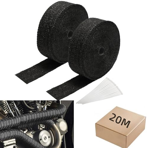 Ollewiellan 20M*5CM Hitzeschutzband Auspuff Dichtband mit 10Pcs Edelstahl Kabelbinder Hitzebeständig bis 600°C Auspuffband für Motorrad Auto Fächerkrümmer,Schallschutz und feuerfest(Schwarz)