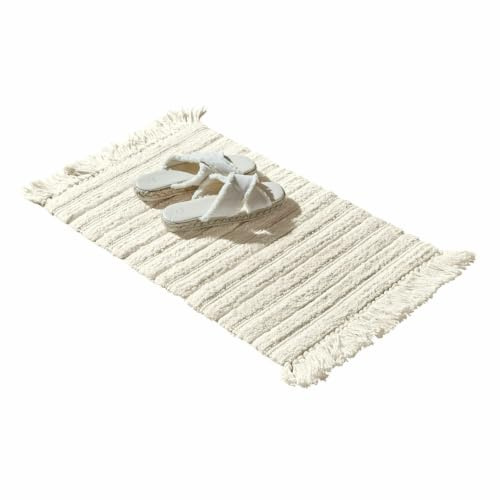 Loberon Badematte Dreamyville, Creme | Stilvolle Fransen, Besonderes Streifenmuster, Weiche Haptik, Badteppich, Badvorleger, Badtextilien, Baumwolle