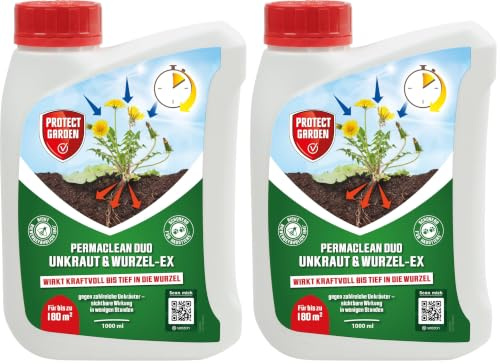 PROTECT GARDEN Permaclean Duo Unkraut & Wurzel Ex, Unkrautvernichter mit Zweifachwirkung gegen Unkräuter und Ungräser, 1000 ml Konzentrat (Packung mit 2)