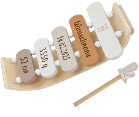 Xylophone aus Holz personalisierbar mit Name und Geburtsdaten Geschenk zur Geburt (Beige)