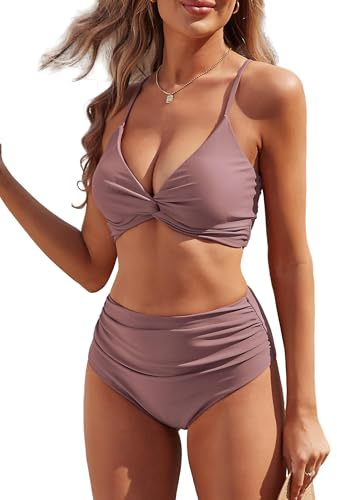 ZAFUL Twist-Kreuz Gerafft High Waist Bikini Set Gepolstert Zwei Stück Bauchweg Tankini Badeanzug Bademode für Damen (1-PastellViolett,XL)
