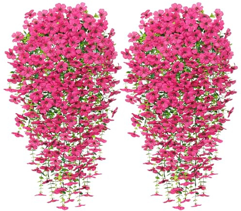 Kunstblumen Hängend 4 Stück Künstliche Hängepflanzen wie Echt 76cm | Kunstblumen Outdoor Wetterfest Künstliche Pflanzen UV-Beständig für Draußen Garten Balkon Dekoration (Rosenrot)