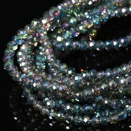 5 Strands 3mm Transparent AB Green Color Half Plated Faceted Rondelle Beads, Songxi Glass Beads for Keychain Making Necklace Earring Jewelry Making for Gemstone DIY Craft Supplies