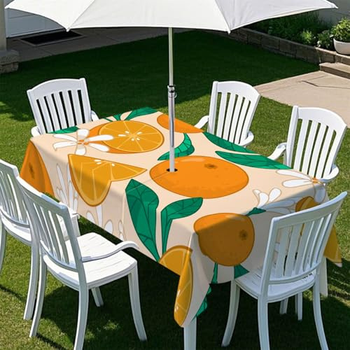 Morbuy Mantel Mesa Rectangular con Agujero para Sombrilla, Patrón Fruta 3D Mantel Impermeable Antimanchas Exterior Jardin para Decoración Fiesta Cocina Comedor (Mandarina,213x152cm)