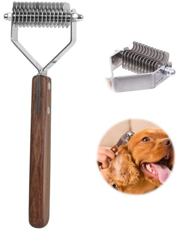 1Pc 14-Blade Coat King Rake, Walnut Wood Handle Pet Undercoat Rake, Professional Dematting Comb Grooming Stripping Deshedding Tool for Dogs and Cats, 6.2cm