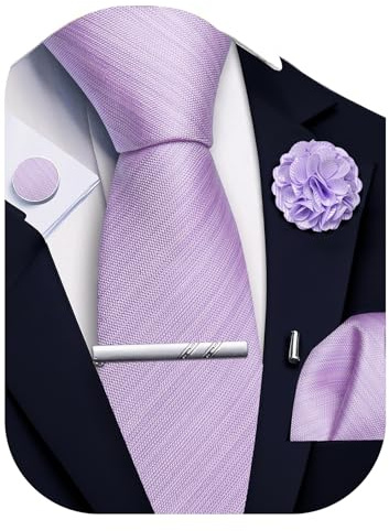 Ailisus Light Purple Lilac Striped Tie and Handkerchief,Tie Clip Cufflinks Lapel Pin Set Wedding Party Silk Solid Necktie Set Formal