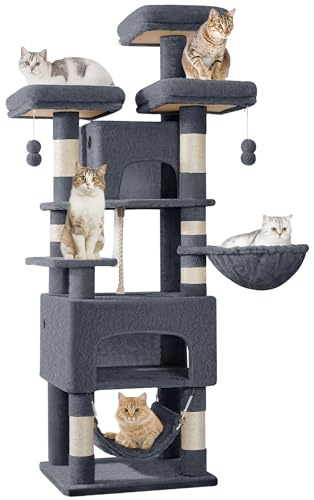 Hzuaneri Albero per Gatti XXL 176 cm Tiragraffi Robusto con 3 Piani, 2 Lettini a Grotta, 7 Colonne in Sisal e Amaca, per più Gatti, Grigio Scuro MS17618SG