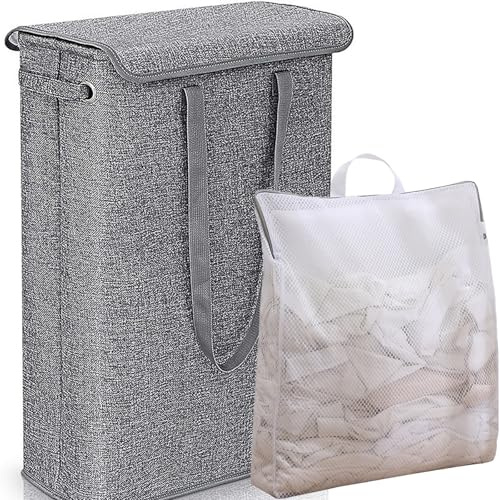 RETSAMV Foldable Wäschekorb Schmal mit Deckel 45L – Laundry Basket aus Leinenoptik mit Reißverschluss-Innenbeutel – für Schlafzimmer, Bad, Waschküche (Gray)