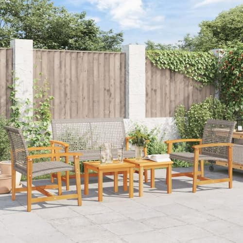QJBSAVVA 5-TLG. Garten Lounge Set Grau aus Poly-Rattan & Akazienholz 112 x 64 cm Bank + 2 Stühle + 2 Beistelltische Modernes Design Robust & klein für Balkon Terrasse und Innenhof