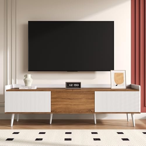 Mueble de TV con 3 Puertas para salón Comedor Dormitorio bajo Patas de Madera Maciza Mesa de Muebles de TV con Espacio de Almacenamiento Blanco+Color Madera