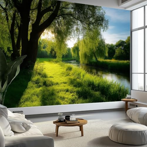 Papel Pintado Tejido No Tejido 250 x 175 cm (An x Al), Verde Fotomurales - Naturaleza Luz Solar Árboles Decoración de Pared con Murales Decorativos