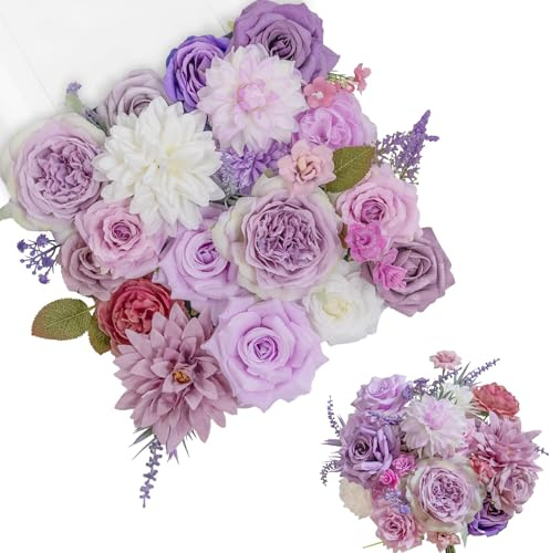 TINGE TIME Fleurs Artificielles Fleurs Soie Roses Pivoines Dahlia Fausse Fleur Decoration avec Tige pour Bouquet de Mariage, Arrangement Floral, Bébé Douche, Fête Maison Décoration (Violet Clair)