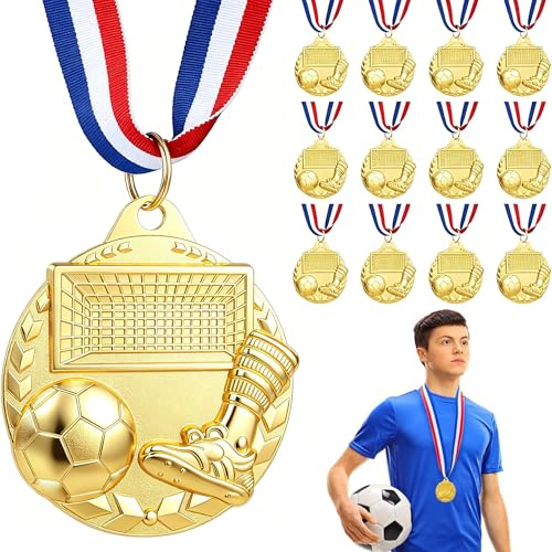 Hianjoo Confezione da 12 medaglie da calcio per adolescenti e adulti, medaglie in metallo dorato per il primo posto con nastro per il collo, medaglie per partecipazione per competizioni sportive