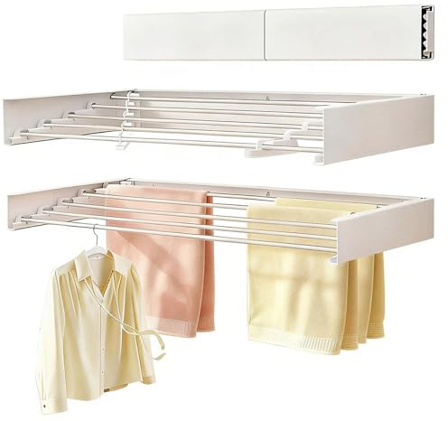 Dometrix Wall Mounted Clothes Drying Rack 32, Collapsible Space Saving Laundry Drying Rack with 50 lb Capacity, Laundry Room Organization for Clothes, Foldable, 5 Rods, White