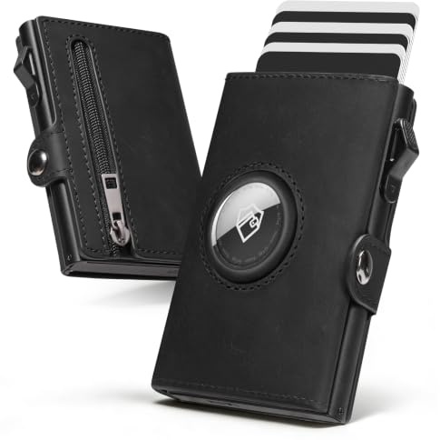 YESIIW Geldbörse Herren Echtleder – Slim Wallet für AirTag 2 Generation, Portmonee Herren RFID Schutz, Kartenetui für 12 Karten, Portemonnaie mit Münzfach & 2 ID Fenster, Schwarz
