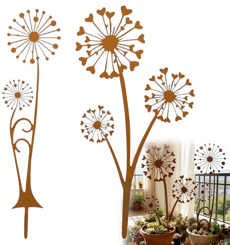 2 Stück Gartenstecker Metall Set, Pusteblume Gartendeko Rost Rostdeko | Rost Deko Roststecker Gartendekorationen für Garten Terrasse Balkon Blumentopf