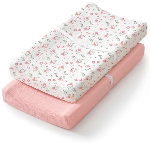 Muslin Changing Pad Cover Waterproof 2-Pack for Baby Girl, Soft Breathable & Stretchy Cotton Fitted Diaper Changing Table Covers, Fit Standard 32x16 Contoured Pad, Pink Floral