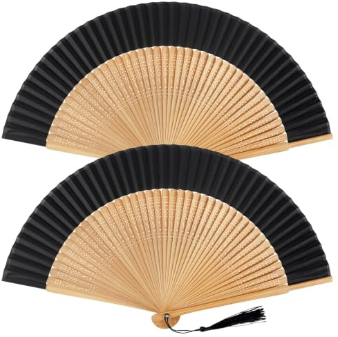 Leikedun 2 Pack Vintage Black Silk Fabric Folding Hand Fan,Hand Fan Bamboo | Sexy Handheld Fan Folding for Birthday Gifts, Music Festival, Performance, Dancing,Party,Home Decoration(Vintage Black)