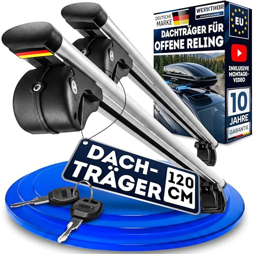 WERKTHOR Alu Dachträger 120cm für Offene Reling – Aerodynamischer Relingträger Vormontiert & Abschließbar – Auto Dachträger 90kg – Universal für Dachbox & Fahrrad