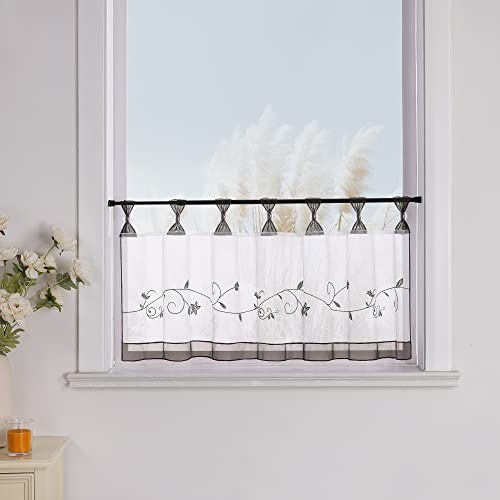 Yujiao Mao Scheibengardine mit Rankenstickerei, Weiß Grau, BxH 120x45 cm | Bistrogardine mit Schlaufen, Transparente Küchengardine, Kurzgardine für kleine Fenster, Sichtschutz, Landhausstil