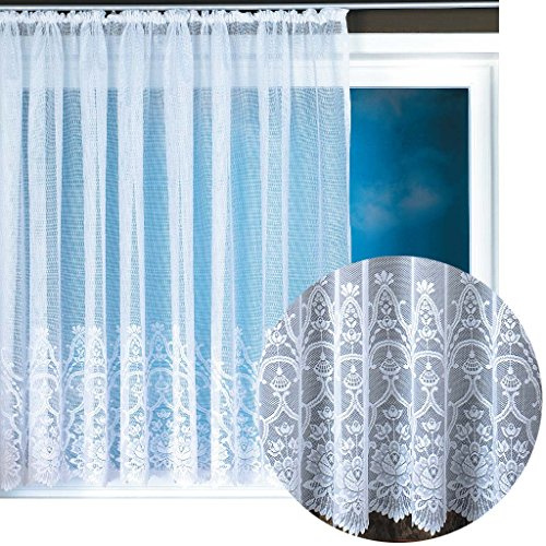 Felicitas - Cortina jacquard con banda universal de encaje, diseño floral, color blanco, 500 x 145 cm
