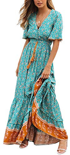 R.Vivimos Abito Boho Estivo Donna Abito Sexy Scollo a V Bottoni Manica Corta Vestito Elegante con Volant Orlo Abito Lungo Maxi da Spiaggia Casual per Le Vacanze(XL,Verde)