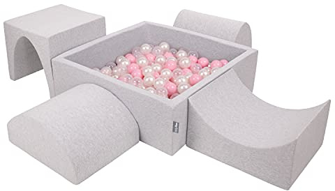 KiddyMoon Spielplatz Aus Schaumstoff Mit Quadrat Bällebad (300 Bälle) Ballgruben Für Babys Spielbad Hindernisläufen, Hergestellt In Der EU, Hellgrau:Puderrosa/Perle/Transparent
