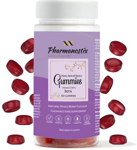 Hair, Skin & Nail Beauty Gummies - Biotin, Zinc, Vitamin D3, Selenium, Vitamin C - Vegetarian Berry Chewable Gummies - Gluten, Dairy, Soy & GMO Free (60 gummies)