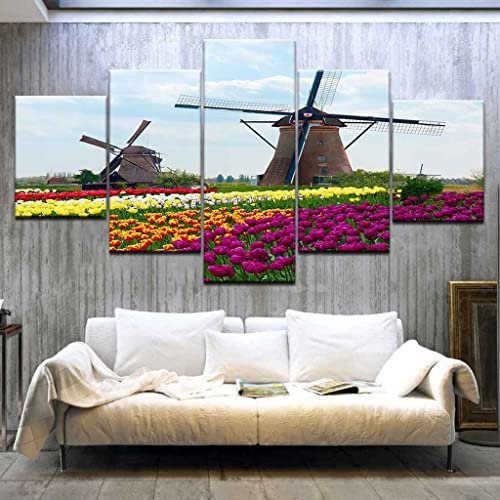 LZRNWP 5 Tafeln Groß Wand-Kunst Bild Landschaft mit Blumen und Windmühlen Drucke auf Leinwand Bilder Öl HD Poster Kunst auf Leinwand Wandbilder Für zu Hause Moderne Dekoration Druckdekor 200x100cm Rah