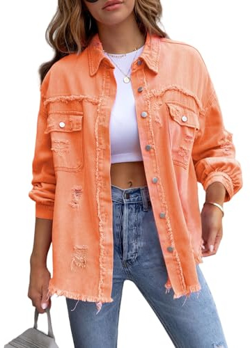 Perbai Womens Oversized Ripped Denim Jacket Frayed Hem Button Front Boyfriend Jean Coat Western Shacket with Pockets(Orange-L)