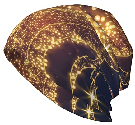 SUAQUE Abstrakte blaue erwachsene Mode gestrickte Kappe Casual Beanie Cap Elastische Beanie Cap Licht Laufmütze, Goldfarbene Musiknote mit glänzendem Stern, EinheitsgröÃŸe