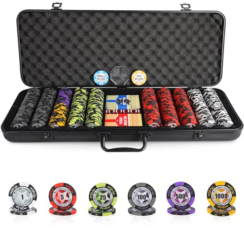 ORIENGEAR Poker Chip Set with Denominations, 500 PCS 14 Gram Clay Composite Casino Chips with ABS Case & 2 Decks of Plastic Cards, for Texas Holdem Blackjack Gambling Games