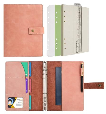 Wonderpool Leder Nachfüllbares Notizbuch Ringbuch A5 Tagebuch - Gepunktetes Papier & Echtleder Innentaschen für Reisearbeit und Organizer (Rosa, A5)