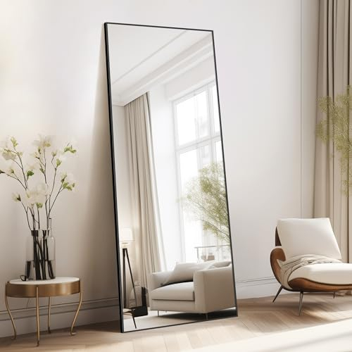 COFENY Ganzkörperspiegel, 161 × 52 cm Standspiegel mit Aluminiumrahmen, Spiegel Groß zum Stehen, Anlehnen oder Hängen, Spiegel Ganzkörper für Schlafzimmer, Wohnzimmer,Schwarz