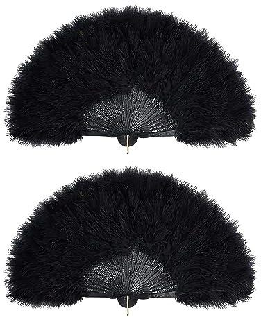 Lizzy 2 x Black Feather Fan | Handheld Folding Fan, 1920s Embroidered Vintage Fans Halloween Fancy Dress Costume Party Wedding Decoration