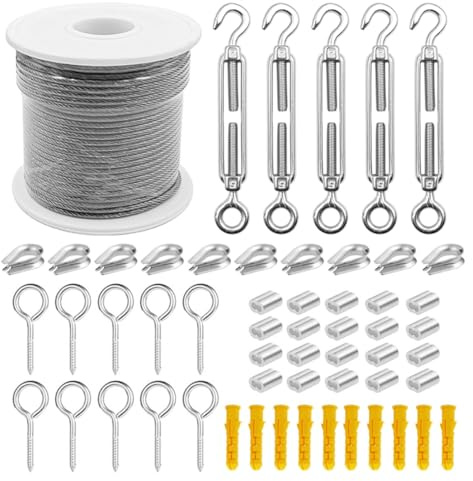 ZONADAH 30 m, 2 mm Drahtseil-Set, PVC-beschichtetes Edelstahl-Metallkabel, Gartendraht für Kletterpflanzen, robustes Spannschloss-Drahtspanner-Set, Kabelgeländer-Set, Oberleitungsdraht-Set