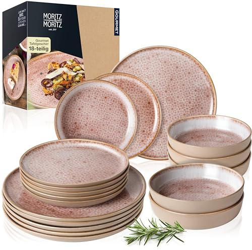 Moritz & Moritz TERRA 18 pcs. Lot de Vaisselle 6 Personnes - Set d'Assiettes en Porcelaine de Haute Qualité Rose - vaisselles 6 Personnes de 6 Assiettes à Manger 6 Assiettes à Dessert et 6 Bols