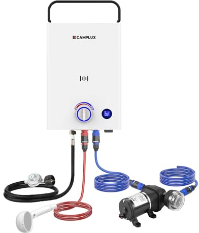 CAMPLUX Propane Tankless Water Heater with Pump F10 Pro, 2.64 GPM Camping Gas Water Heater with Pump Pack Kits, Outdoor Installation, First Series, White