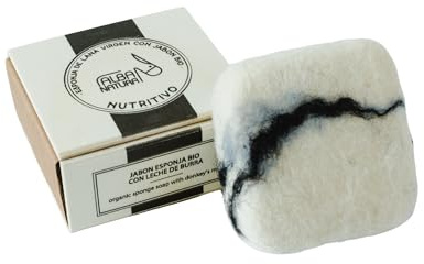 Alba Natura - Esponja de Lana Virgen con Jabón Suavizante - Jabón a Base de Leche de Burra - Nutrición, Hidratación y Protección - Especial para Pieles Reactivas - 150g