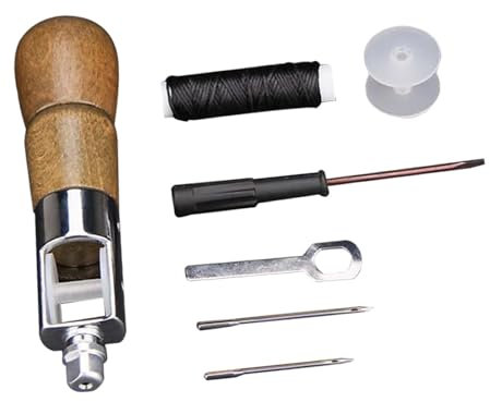 Punzón de costura de cuero, juego de punzón de costura de cuero con hilo encerado, herramienta de puntada de reparación de mango de madera for artesanía en cuero, herramienta de punzón de costura for