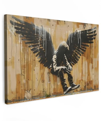 MuchoWow© Leinwand Groß XXL Deko Schlafzimmer Aesthetic Leinwandbilder | 120x80 cm - Wohnzimmer Gemälde Foto Geschenk Living Room Decoration Graffiti - Kunst - Flügel - Street art - Banksy