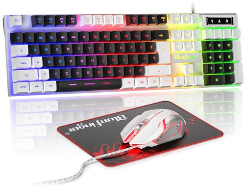BlueFinger Ensemble clavier de jeu RVB et souris rétroéclairée, filaire USB, ensemble de jeu LED pour ordinateur portable, PC, jeu et travail (blanc et noir)