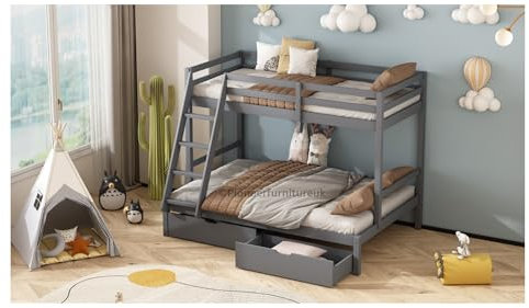 PioneerfurnitureUK Kids Bunk Beds with Drawers - Available in 3ft and 4ft in White or Grey (Grey With Drawers)