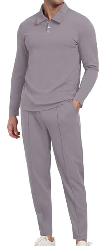 KUYIGO Tuta da uomo Polo 2 pezzi Completi a maniche lunghe Pullover Tuta Set Felpa e Joggers Waffle Top Pantaloni Casual Sport Activewear Golf Suit, Grigio, XXL