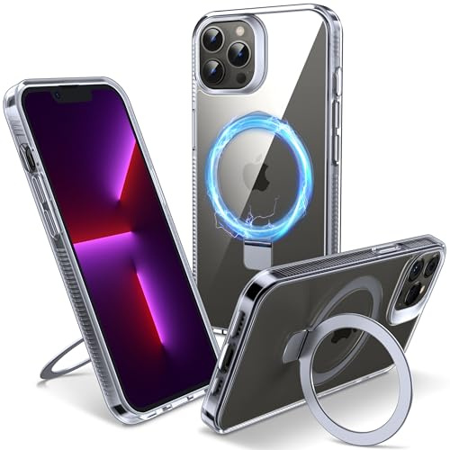 Flyzoo Magnetic Kickstand Case for iPhone 13 Pro Max, [Compatible with MagSafe & Invisible Ring Stand Holder] [Non-Yellowing & Shockproof] Clear Transparent Hard Silicone Edge Cover, 6.7'', Clear