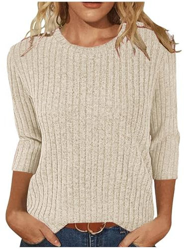 Zeiayuas Womens 3/4 Sleeve Tops Ribbed Knit Shirts Sweater Round Neck Sweatshirt Ladies Lightweight Jumpers Solid Color Casual Loose Tunic Tops Beige
