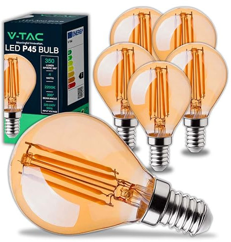 V-TAC 6x Ampoule LED Filament P45 Ambrée E14-4W (équivalent 30W) - 400 Lumen - Ampoules LED Vintage Verre - Efficacité Maximale et Économie d'Énergie - Ampoule Ambre - 2200K Blanc Chaud
