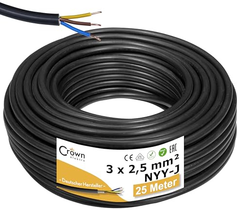 NYY-J 3x2,5mm² 25m Erdkabel Länge am Stück | Elektrokabel Ring für Verlegung im Erdreich & Außenbereich | Kupfer Eindrähtig DIN VDE 0276 Teil 603/627 | Deutsche Markenhersteller