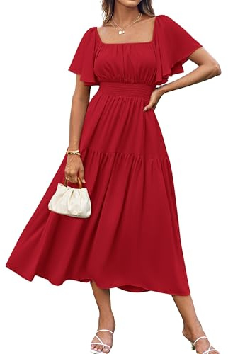 GRACE KARIN Women's Elegant Summer Chiffon Dresses Short Sleeve Long Dress | Hits below mid-calf,Short flounce sleeves,Square neck,Smocked Waist,Party,Wedding